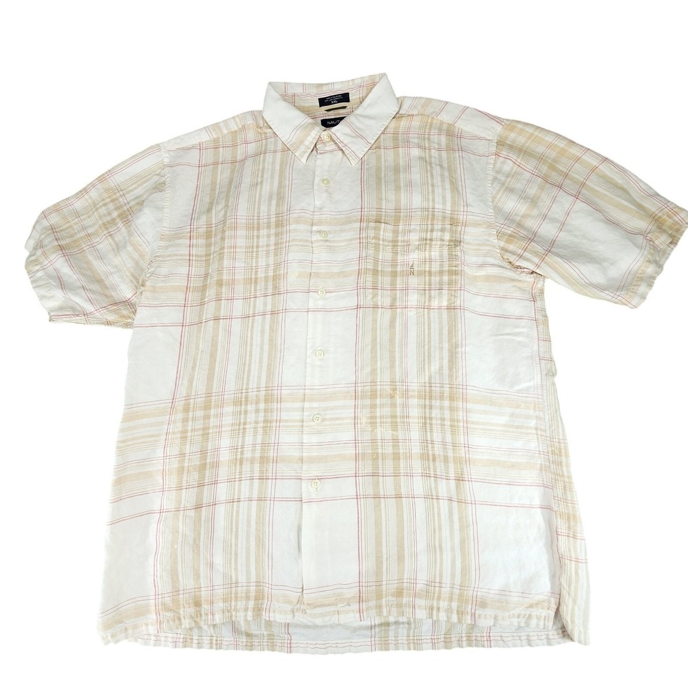 Nautica Linen Button Up Shirt sz XXL Men Short Sleeve Plaid‎ Red Cream Tan Rayon
